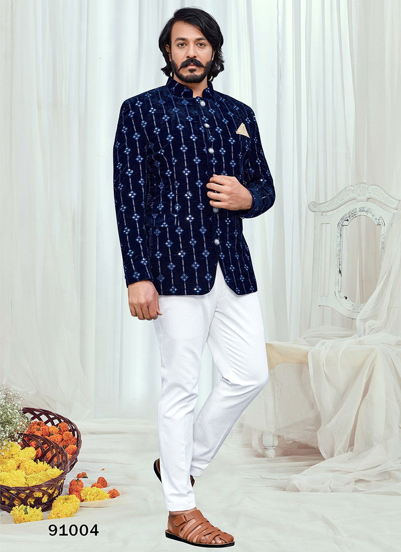 Navy Blue Colour Outluk Vol 91 New latest Designer Party Wear Velvet Jodhpuri Suit Collection 91004